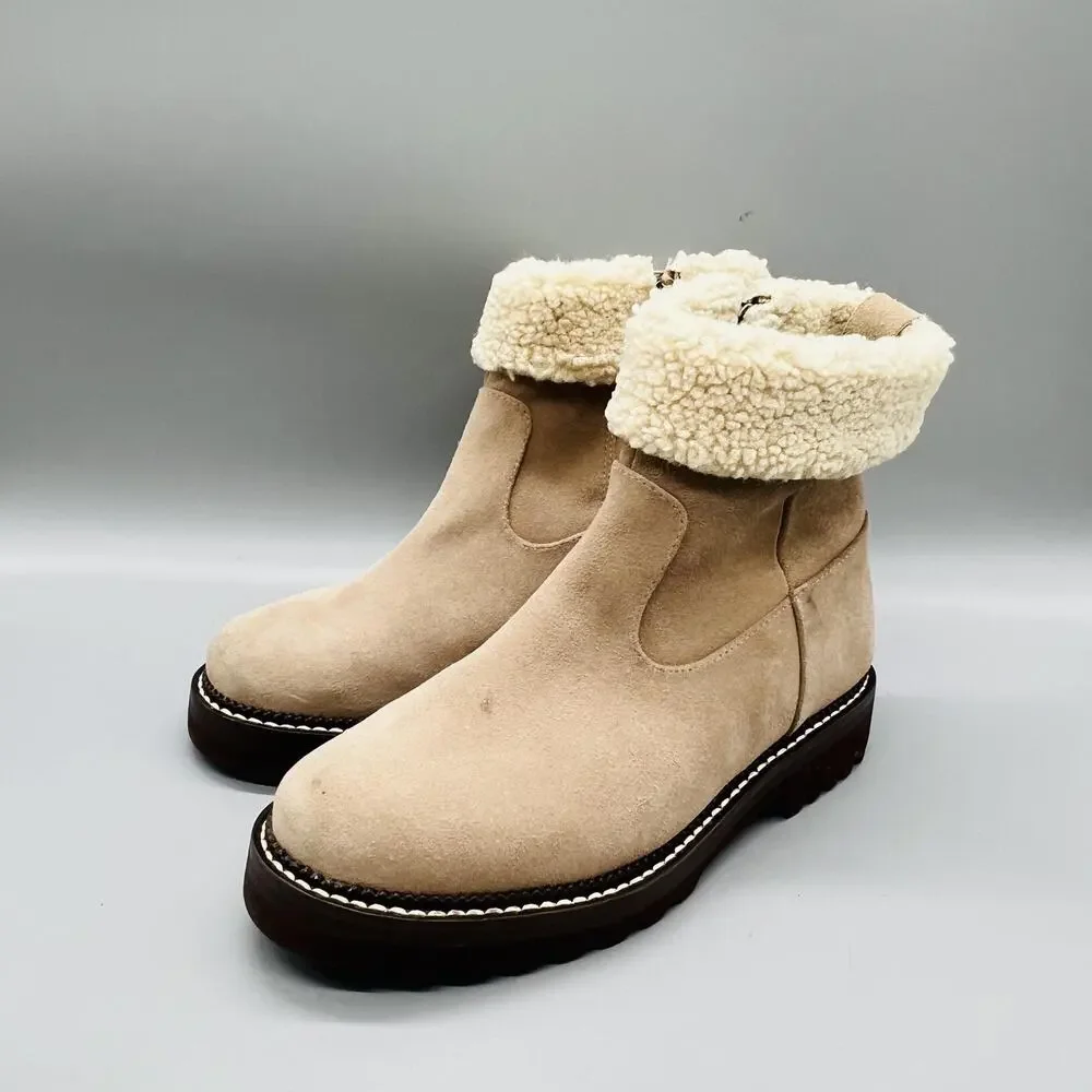 Blondo Boots Womens 5.5 Beige Suede Waterproof Shearling Ankle Zip Booties Shoes